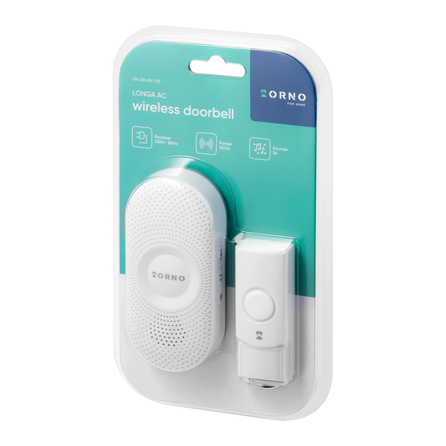 LONGA AC wireless mains-powered doorbell with learning system, 36 sounds, 300m